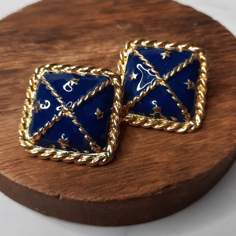 Square Blue & Gold Earrings Stars Clip Back